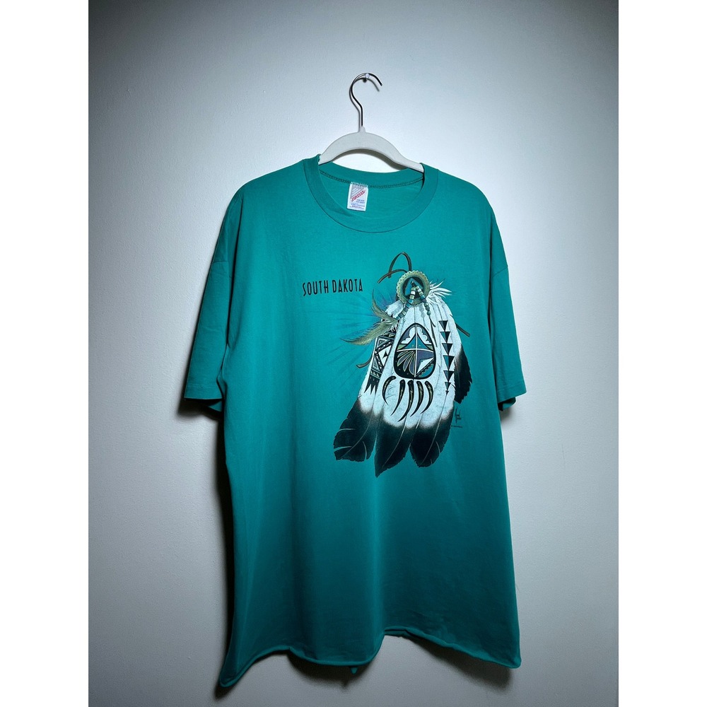 Vintage Jerzees South Dakota Graphic T-Shirt Teal Green Distressed USA‎